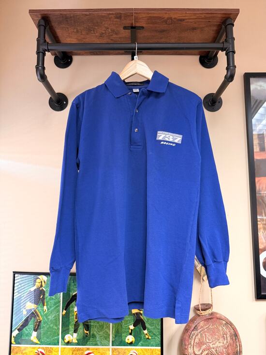 90s Boeing 737 Vintage Blue Long Sleeve Rugby Polo Shirt Airlines Airbus